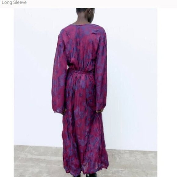NWOT Zara Wrinkled Jacquard Maxi Dress Small Maroon Purple Floral Design - Picture 7 of 9